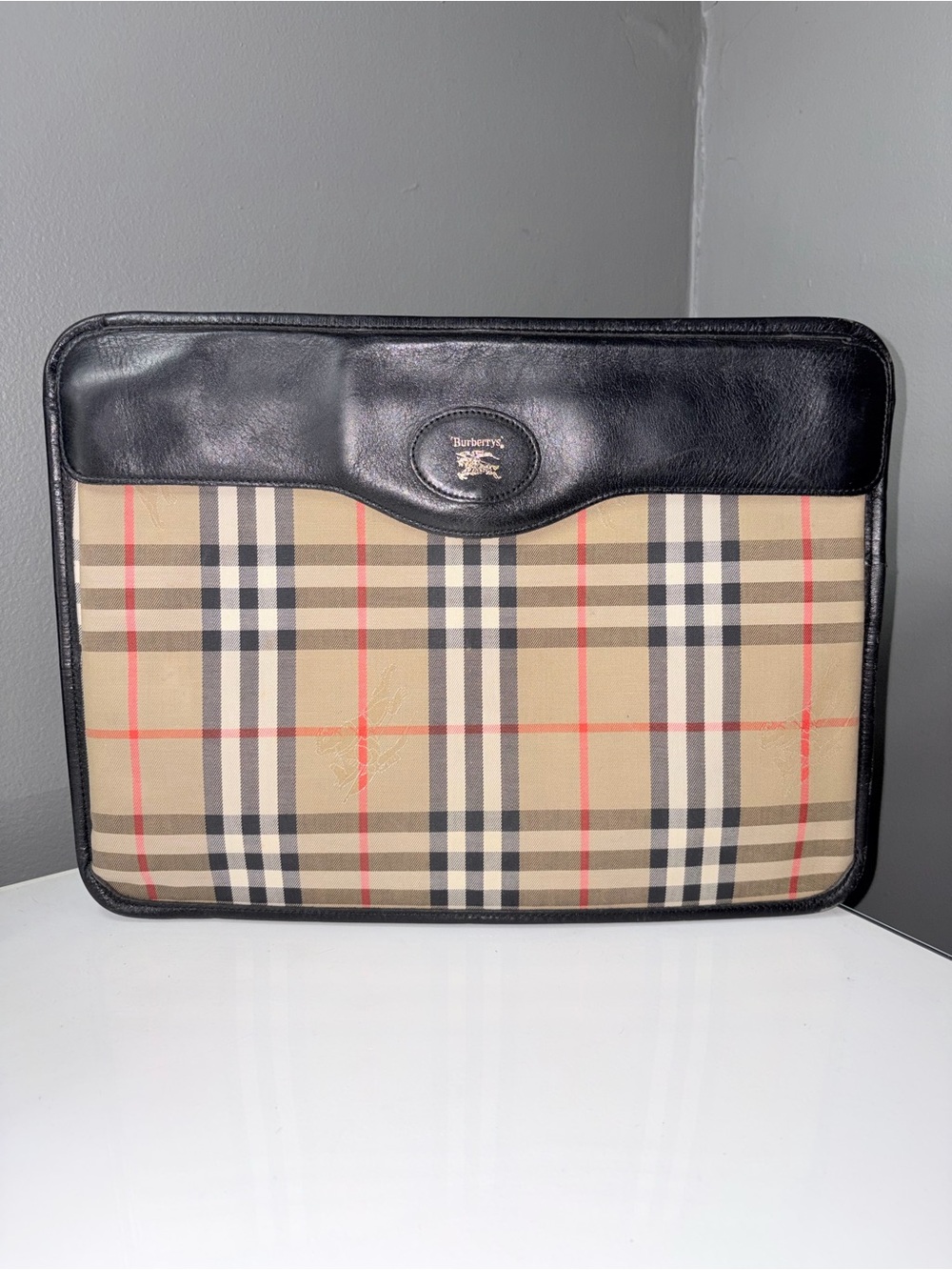 Vintage Burberry Black Leather & Nova Check Document Clutch w COA